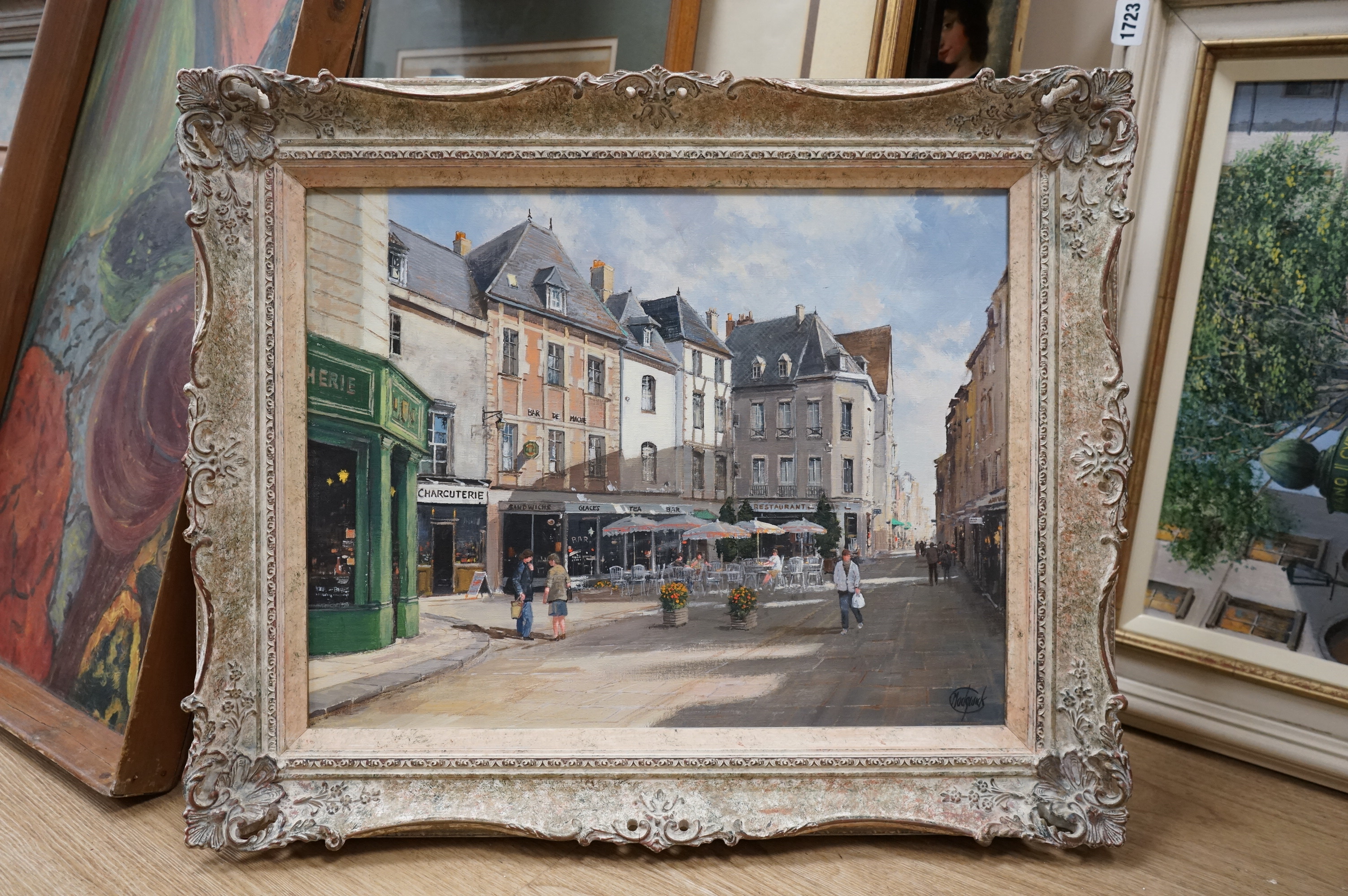 Clive Madgwick RBA (1934-2005), oil on canvas, 'The conversation, France', signed, gallery label verso, 34 x 44cm, ornate frame